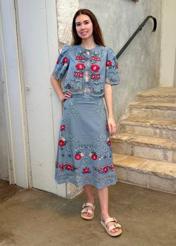 Rosaline Embroidery Half Sleeve Tie Front Top in Blue