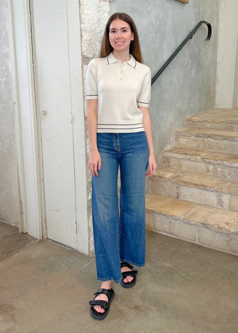 Carline Short Sleeve Polo Sweater in Ivory + Black