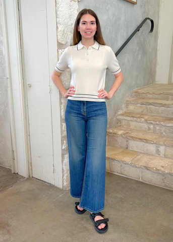 Carline Short Sleeve Polo Sweater in Ivory + Black