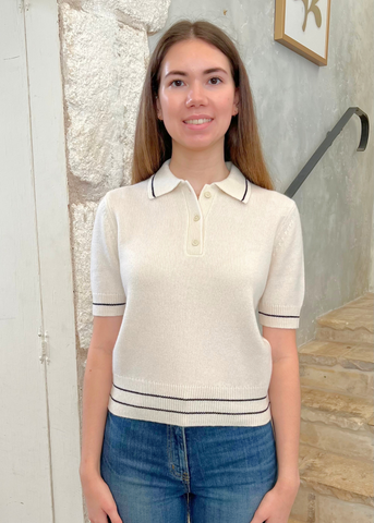 Carline Short Sleeve Polo Sweater in Ivory + Black