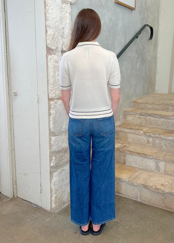 Carline Short Sleeve Polo Sweater in Ivory + Black