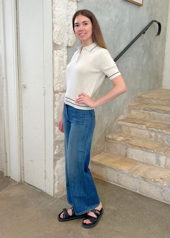 Carline Short Sleeve Polo Sweater in Ivory + Black