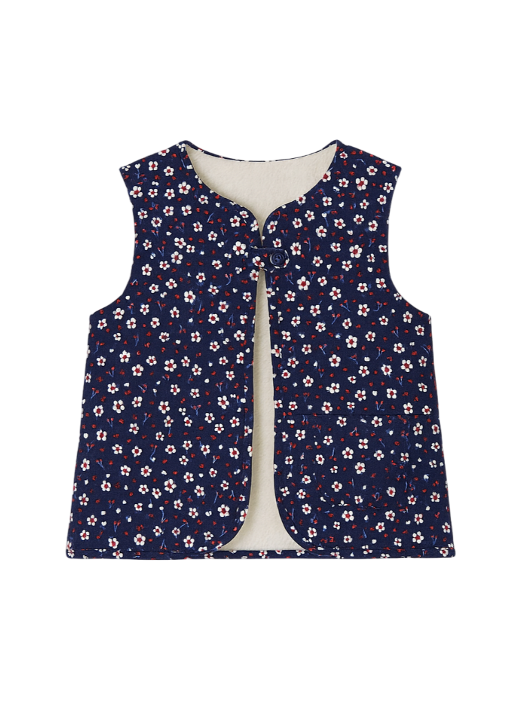 Dot Flowers Print Reversible Cotton Poplin + Sherpa Vest in Navy