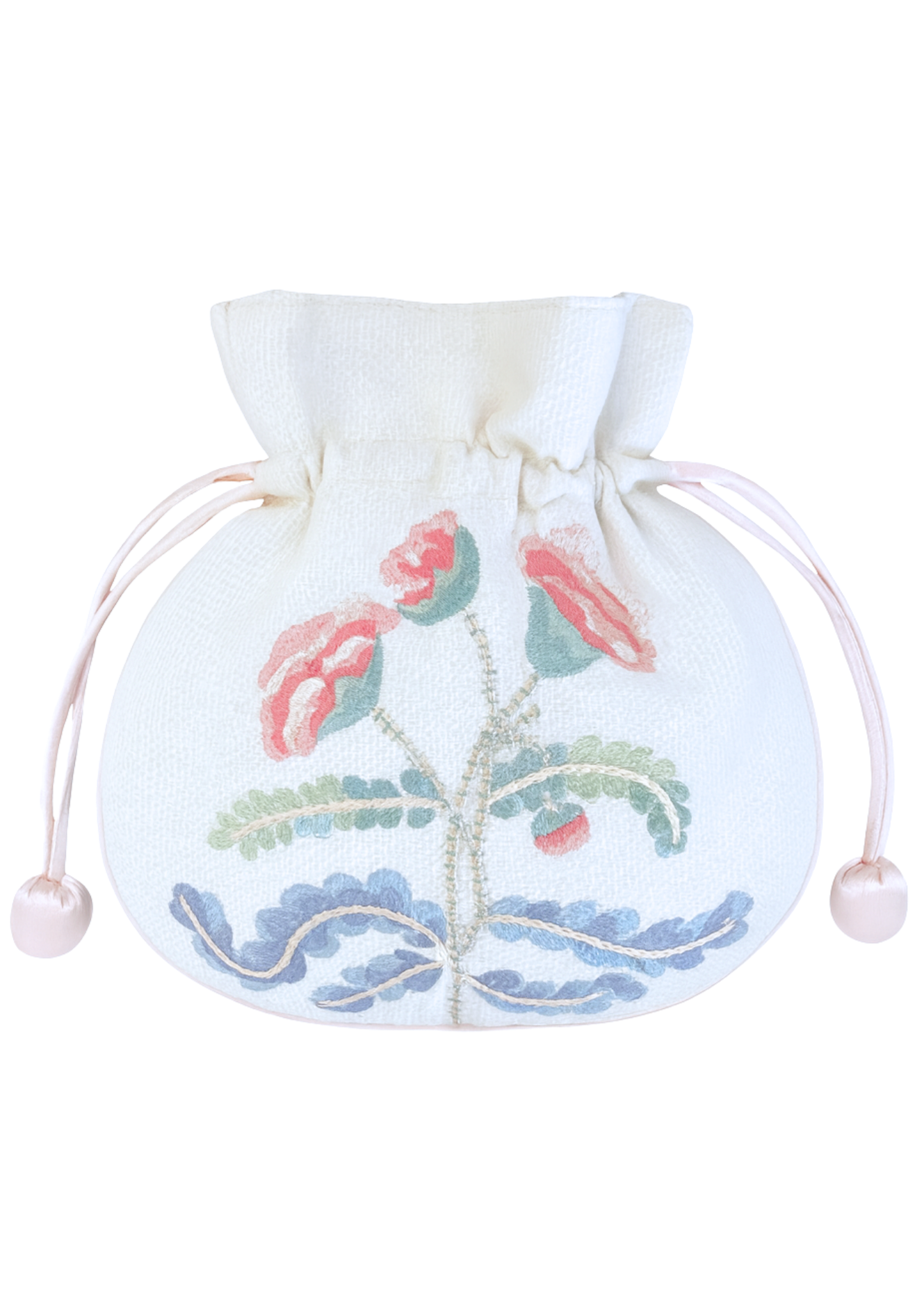 Carnation Embroidered Drawstring Jewelry Pouch in Pink Satin