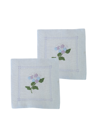 Blue Hydrangea Hand Embroidered Blue Linen Cocktail Napkin