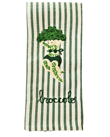 Melograno Broccoli Lady Emroidered Kitchen Towel in Dark Green Stripe
