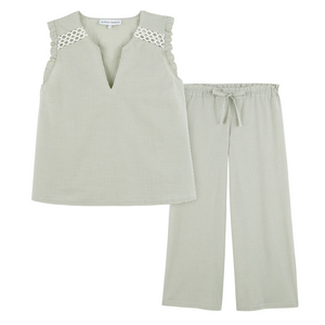 Anita Cotton Voile Sleeveless Top + Pants Pajama Set in Acacia