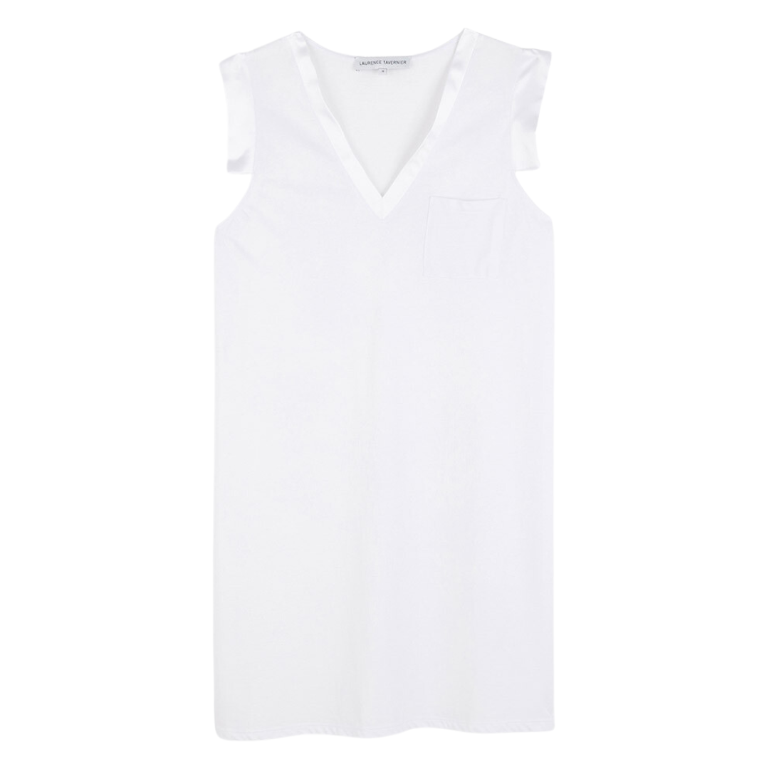 Clarte Satin Trimmed Sleeveless Nightgown in Blanc