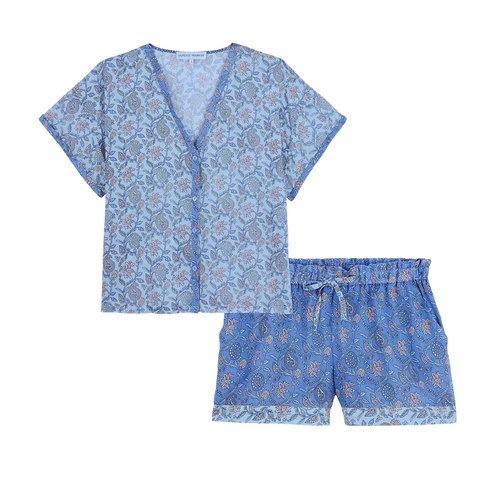 Fleurs Du Desert Short Sleeve Top + Shorts Pajama Set in Blueberry