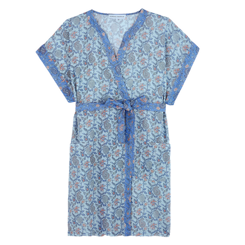 Fleurs Du Desert Short Sleeve Short Kimono Robe in Blueberry