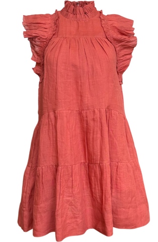 Micah Solid Ramie Flutter Sleeve Dress in Coral