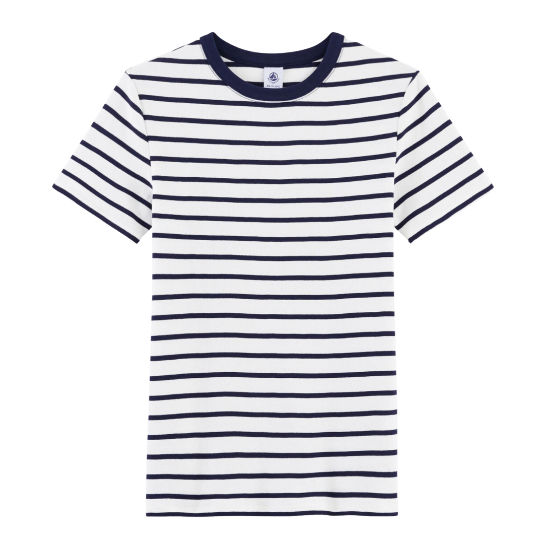 Short Sleeve Striped Crewneck Tee in White + Navy