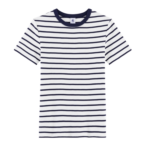 Short Sleeve Striped Crewneck Tee in White + Navy