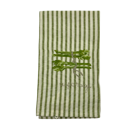 Melograno Embroidered Green Striped Kitchen Towel in Asparagus