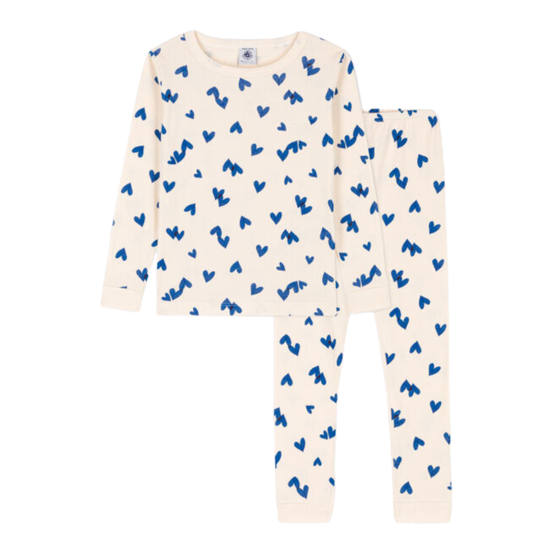 Heart Print Long Sleeve Top + Pants Loungewear Set in White + Blue