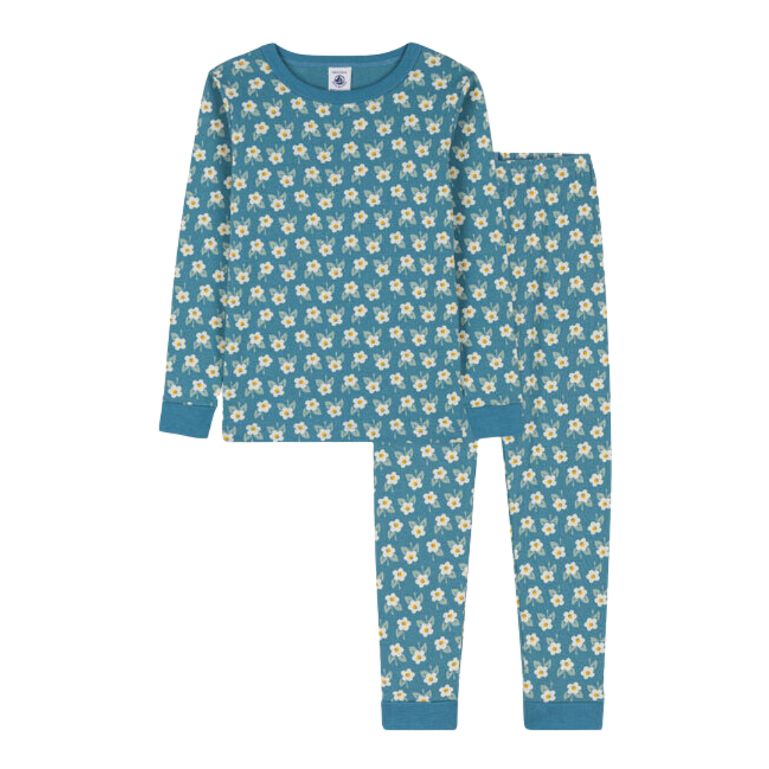 Flower Print Long Sleeve Top + Pants Loungewear Set in Blue + White