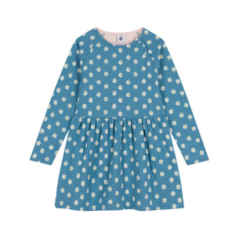 Floral Print Long Sleeve Quilted Dress in Blue
