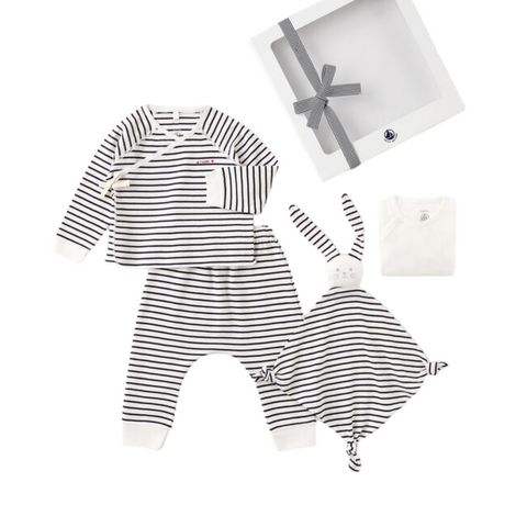 Striped 4 Piece Baby Set in White + Navy