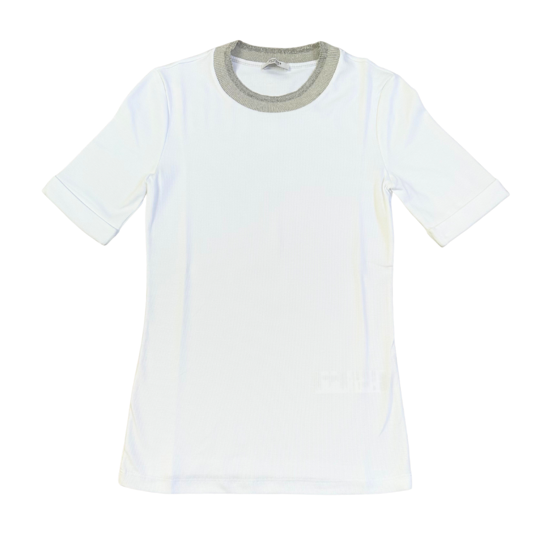 Stretch Microrib Jersey Half Sleeve Tee with Cashmere Collar in White + Grey