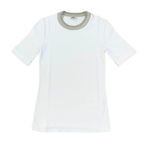 Stretch Microrib Jersey Half Sleeve Tee with Cashmere Collar in White + Grey