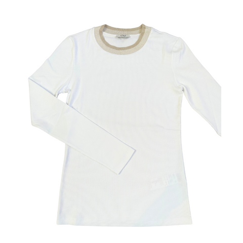 Stretch Microrib Jersey Long Sleeve Tee with Cashmere Collar in White + Chalk