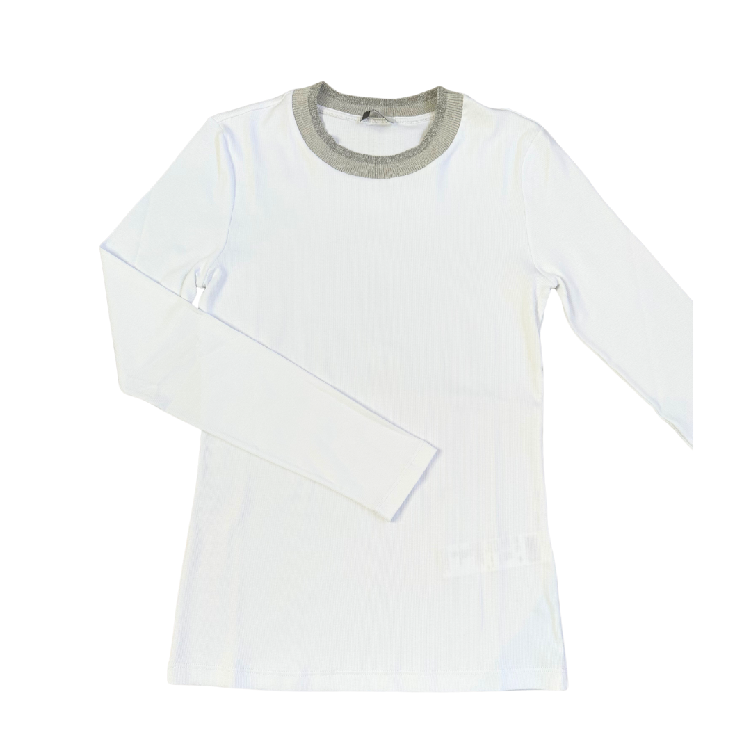 Stretch Microrib Jersey Long Sleeve Tee with Cashmere Collar in White + Grey