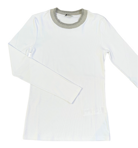 Stretch Microrib Jersey Long Sleeve Tee with Cashmere Collar in White + Grey