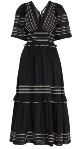 Mable Cambric Puff Sleeve Midi Dress in Black