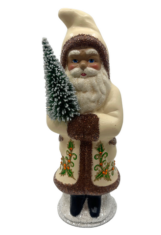 Glitter + Crystal Holly Leaf Santa in Brown Trimmed Hooded Jacket with Fir Tree