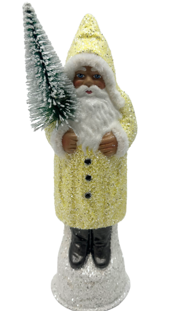 Glittered Santa in Pale Yellow Hooded Coat with Fir Tree