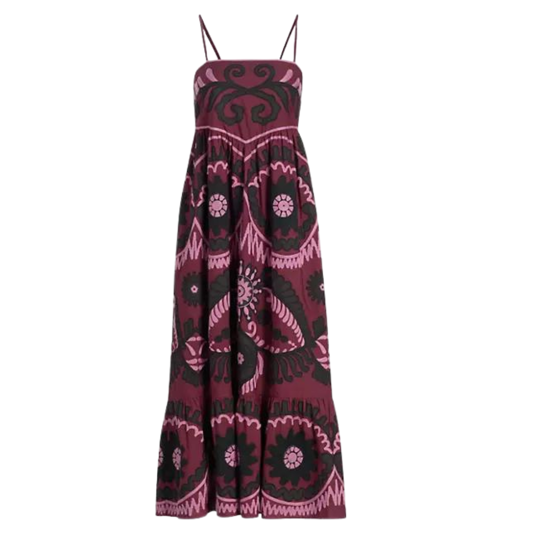 Charlough Printed Sleeveless Embroidered Midi Dress in Magenta