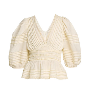 Mable Cambric Puff Sleeve Pleated Top in Cream
