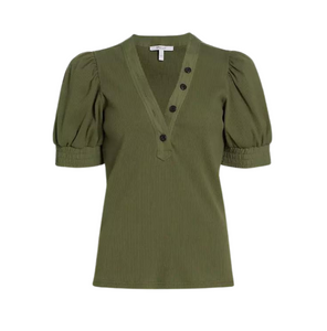 Heather V-Neck Puff Sleeve Tee with Button Placket in Olive
