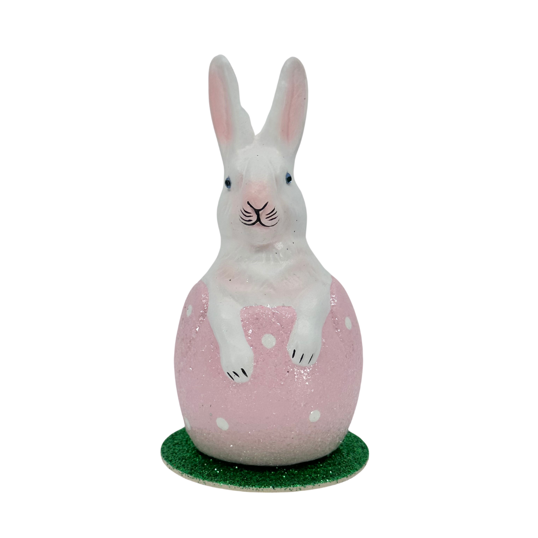 White Glittered Bunny in Painted Polka Dot Egg in Pale Pink