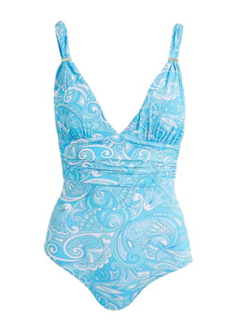 Panarea Printed Deep-V One Piece Swimsuit in Mirage Blue