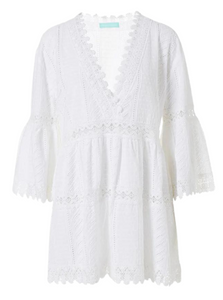 Victoria Embroidered V-Neck Bell Sleeve Dress in White
