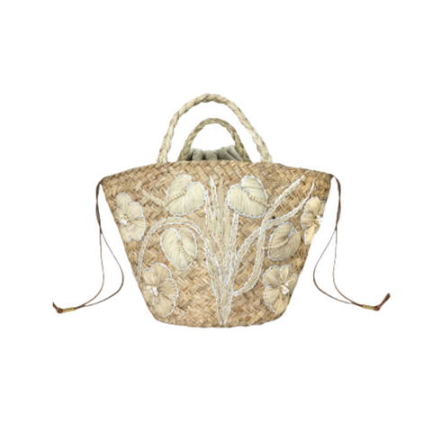 Anthurium Raffia Embroidered Basket Bag in Natural