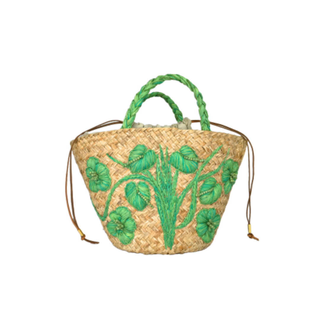Anthurium Raffia Embroidered Basket Bag in Lime