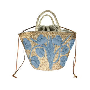 Anthurium Raffia Embroidered Basket Bag in Cool Blue