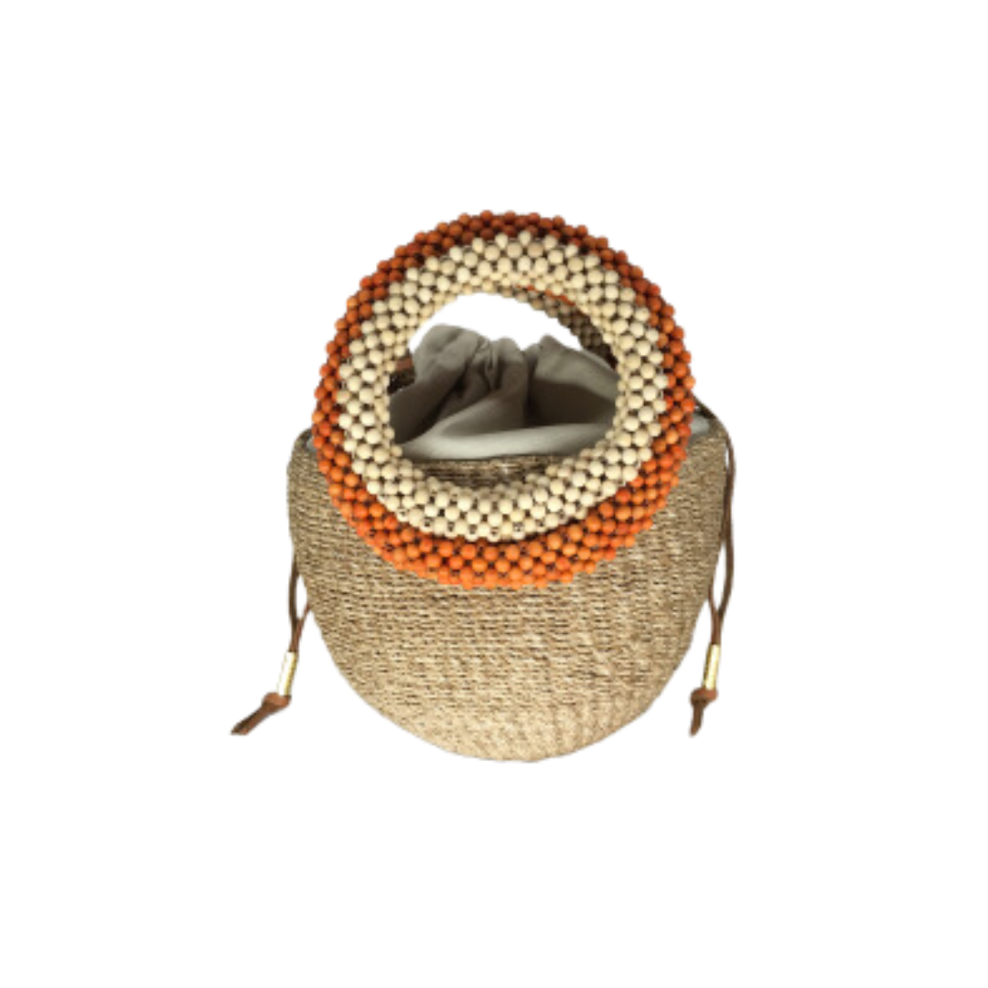 Carmen Woven Abaca Mini Bucket Bag with Wood Bead Handles in Orange