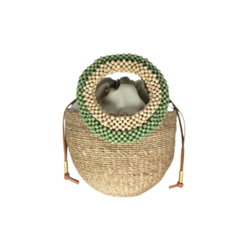 Carmen Woven Abaca Mini Bucket Bag with Wood Bead Handles in Mint