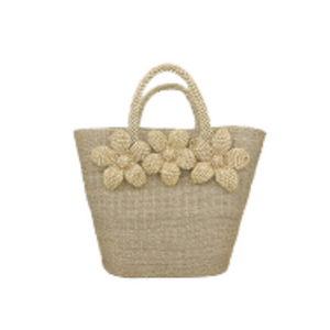 Rossi Woven Abaca Tote Bag with Beaded Handles + Floral Appliques