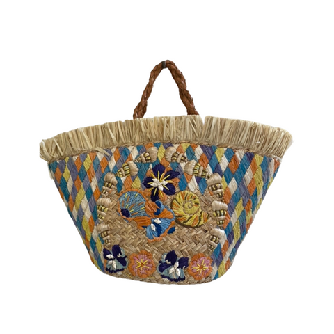 Flori Sashell Woven Abaca Basket Bag with Braided Leather Handles