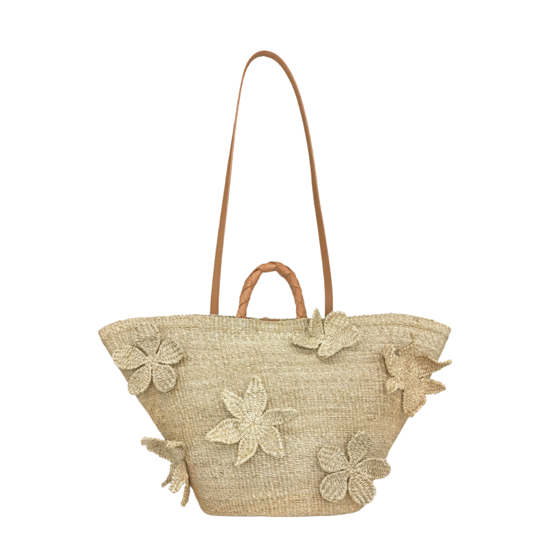 Flores Woven Abaca Extra Large Beach Bag with Crochet Flower Appliques