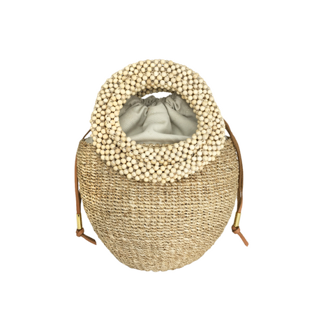 Carmen Woven Abaca Mini Bucket Bag with Wood Bead Handles in Natural