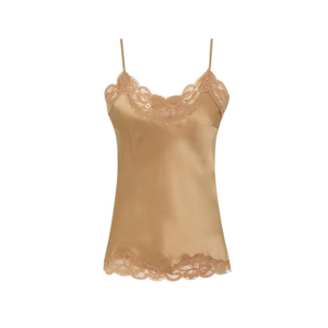 Floral Lace Trimmed Silk Camisole in Dune Sand