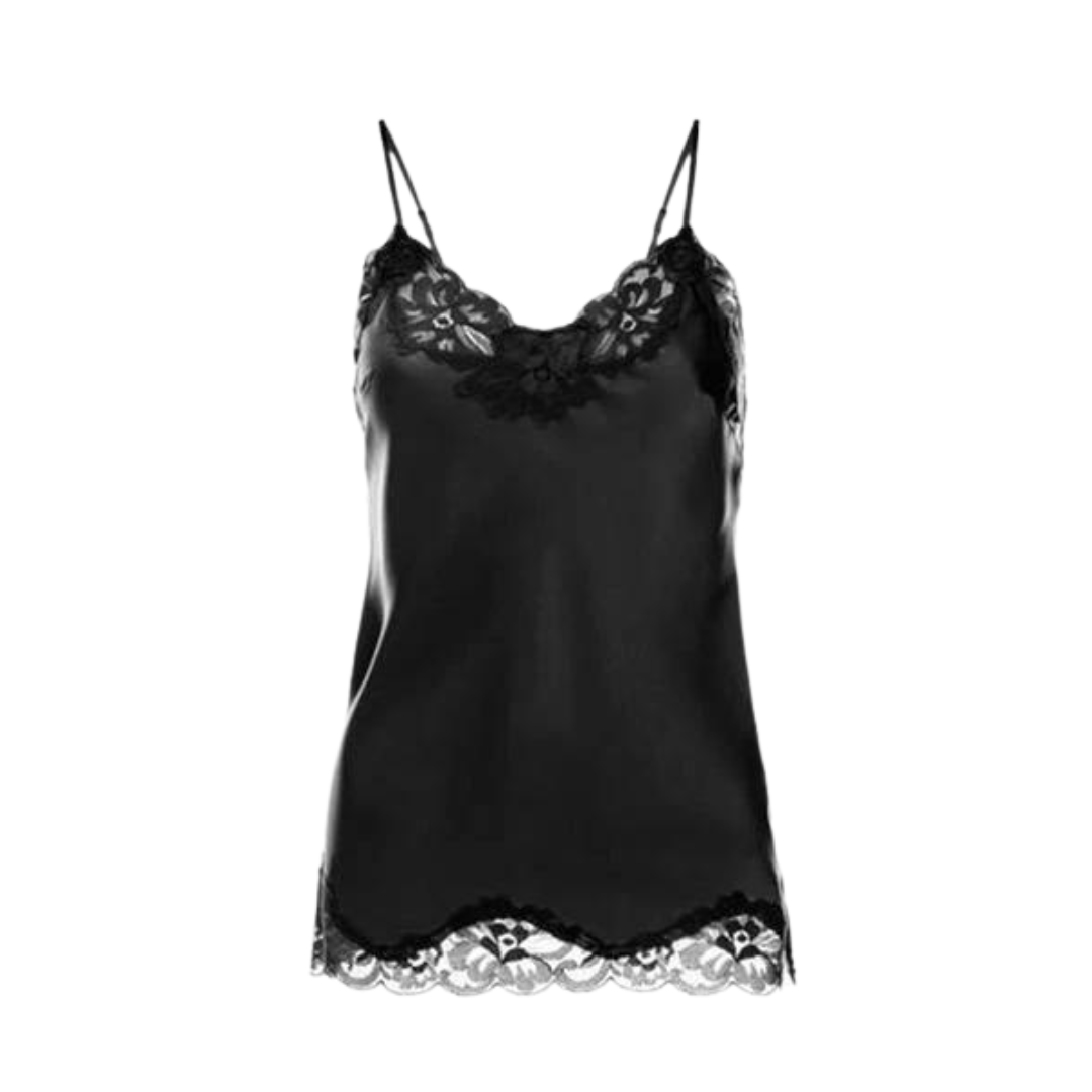 Floral Lace-Trimmed Silk Camisole in Black
