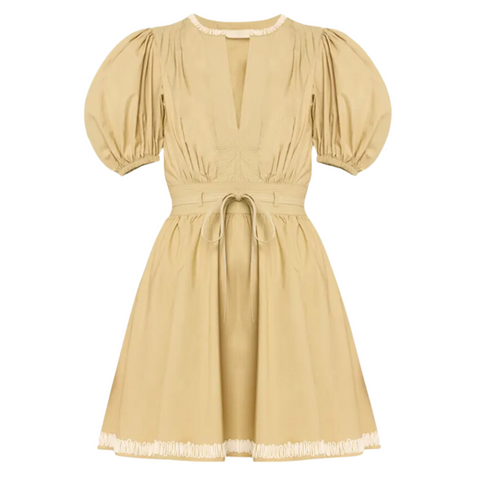 Wilda Ribbon Trimmed Puff Sleeve Belted Dress in Gossamer