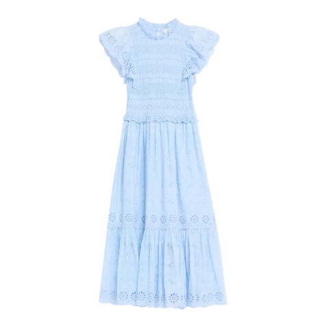 Veronique Embroidered Flutter Sleeve Midi Dress in Sky