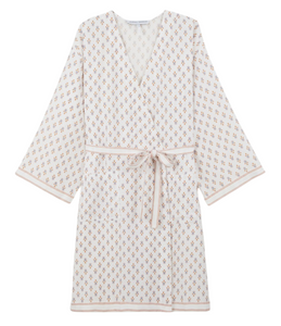 Chora Micro Geometric Print Cotton Sateen Short Dressing Gown in Blanc